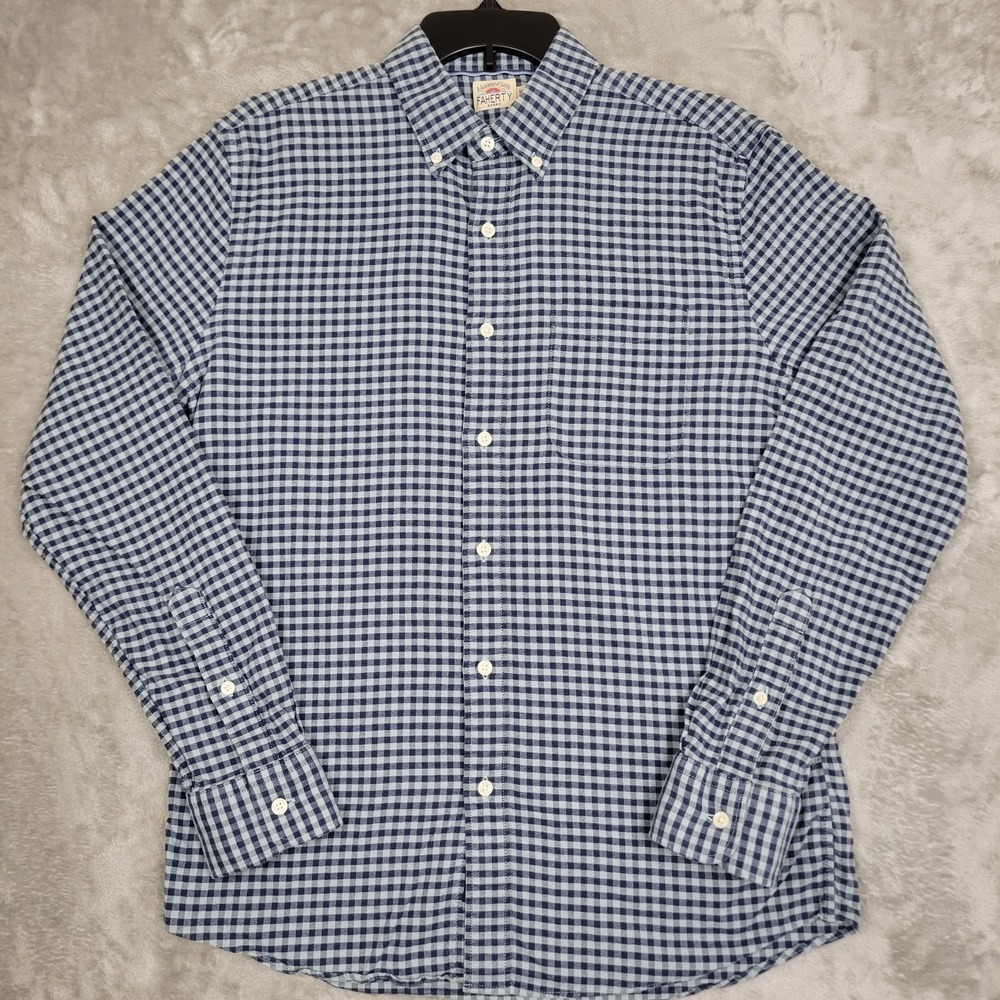 Faherty Men's Medium Blue Check Cotton Blend Long Sleeve Button-Up Shirt Casual